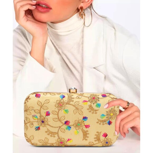 Elegant Gold-tone Box Clutch with Detachable Chain - Zari Embroidered Design - Picture 2 of 7